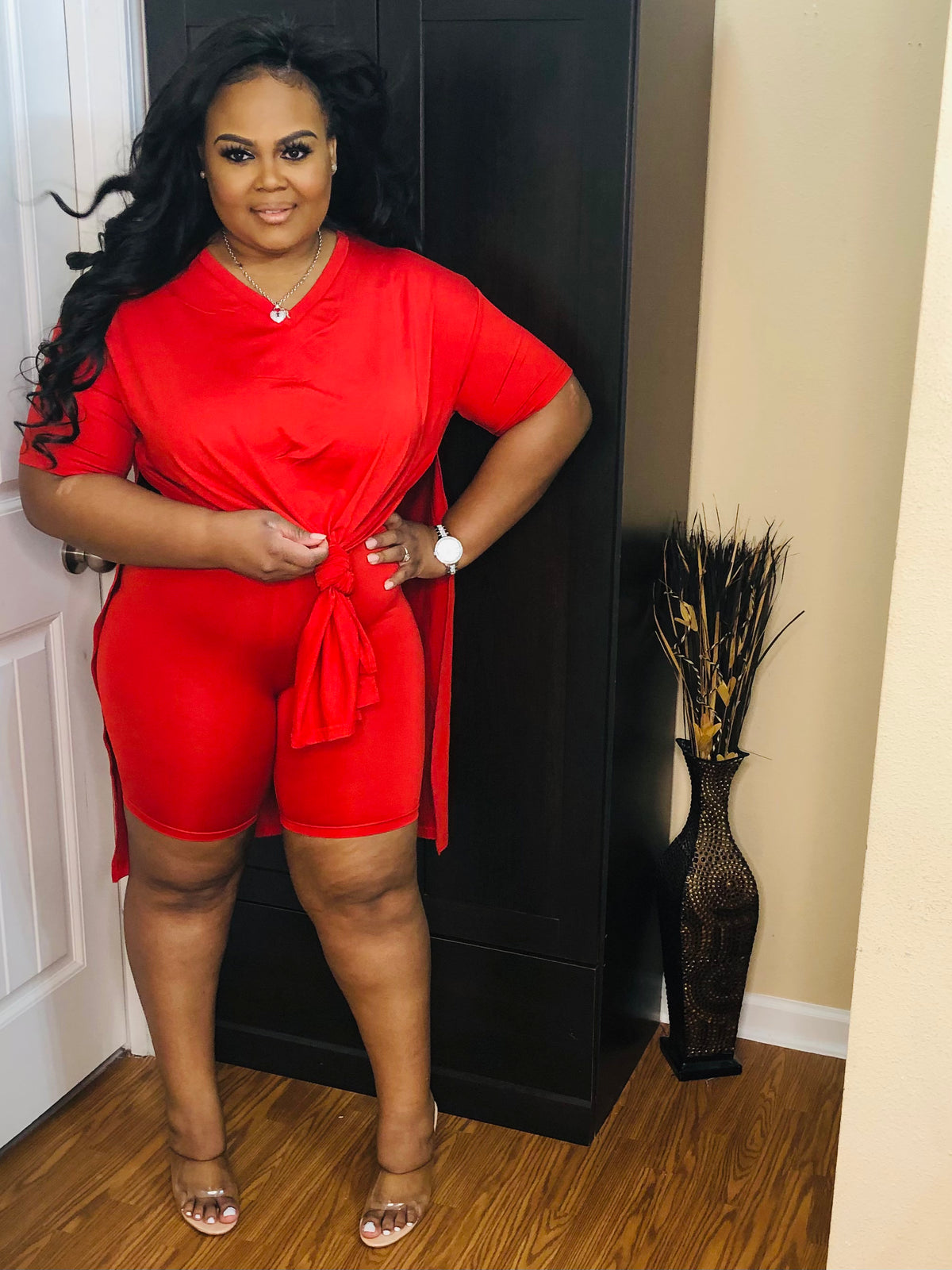 Red V Neck Oversize Top Set - PASH BOUTIQUE 